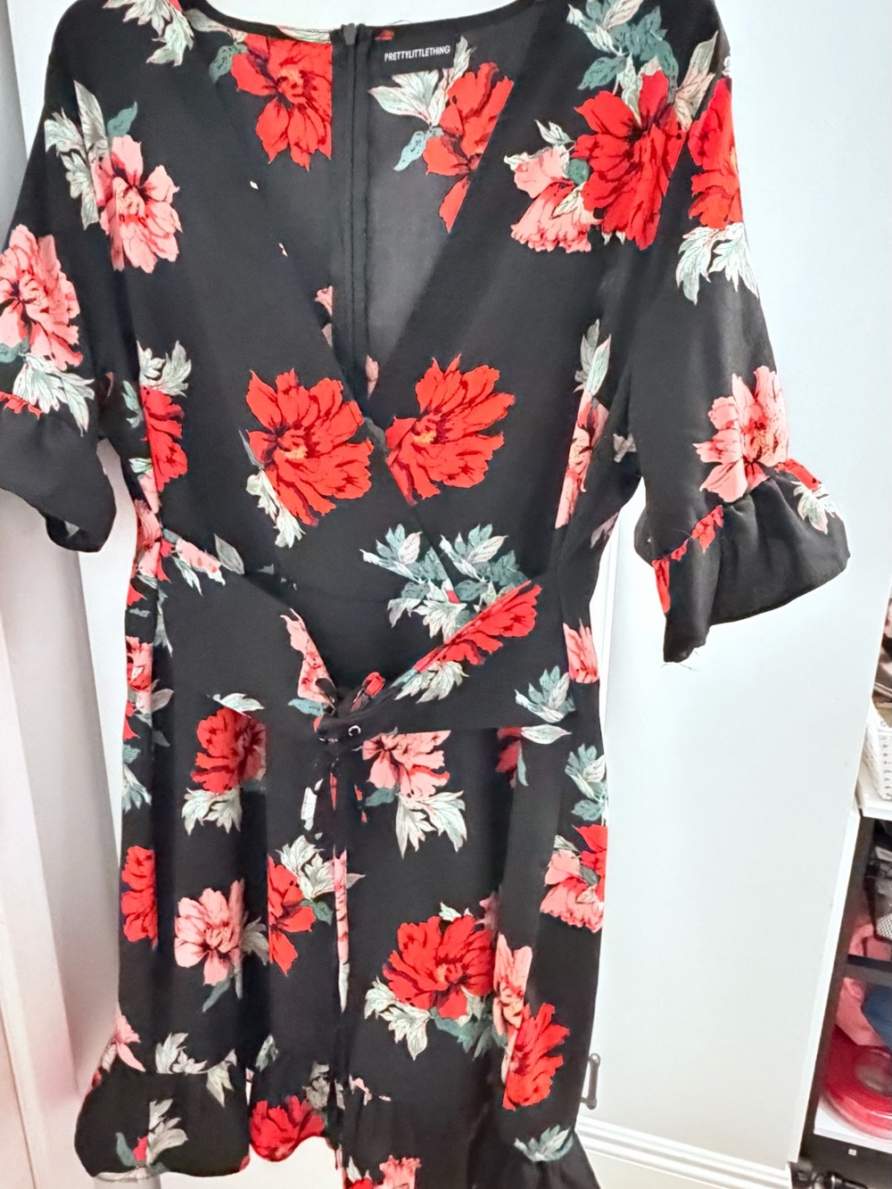 PrettyLittleThing Black Wrap Midi Dress with Red & Pink Floral Print